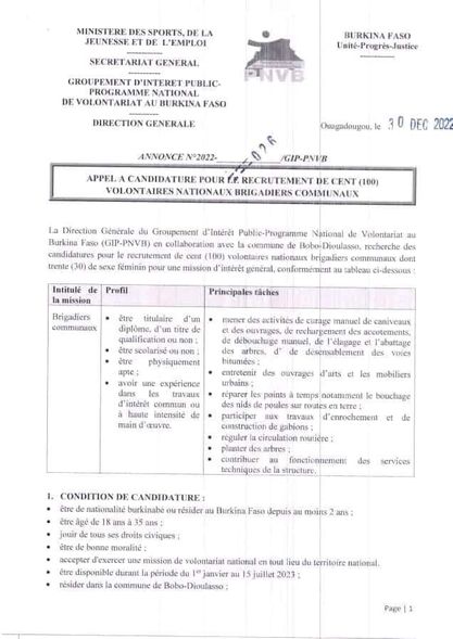 Appel À Candidature Pour Le Recrutement De Cent (100) Volontaires Nationaux Brigadiers Communaux - Bobo Dioulasso