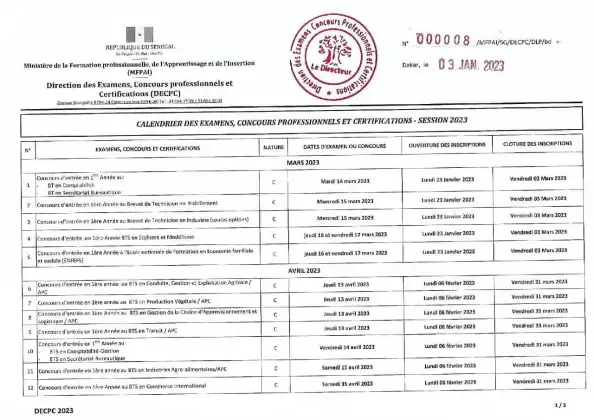 Sénégal: Calendrier 2023 des examens - concours professionnels et certifications de la DECPC