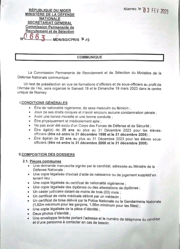 Formation l'Armée de l'Air du Niger 2023: Test de Présélection des Officiers et Sous-Officiers