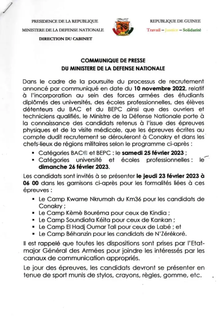 Programme des épreuves écrites au concours de l'armée Guinéen 2023-2024