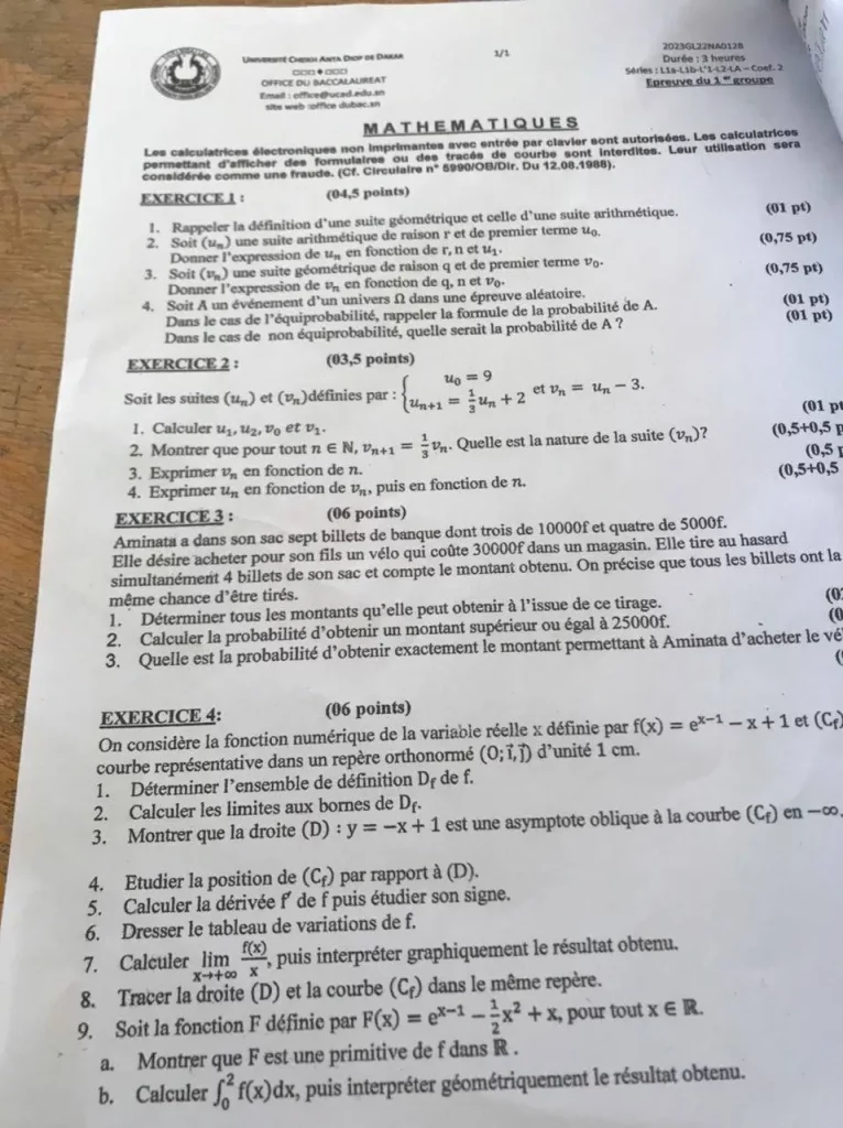  Epreuve de Mathématiques série L au BAC Sénégal 2023